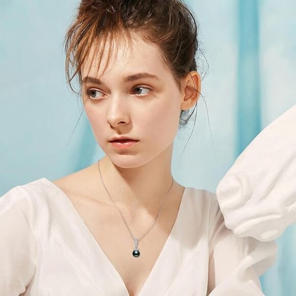 9-10mm Tahitian Pearl Necklace, Sterling Silver, Moissanite, 18+2" - Picture 6 of 8